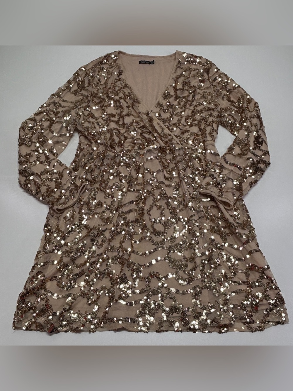 Boohoo Gold Sequin Mesh Mini Dress US 18 Glam Party Holiday NYE Plus